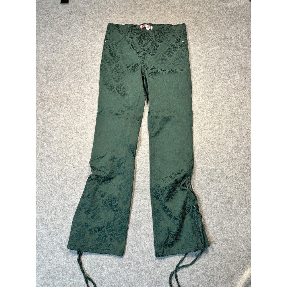 Blue Asphalt Damask Flare Pants Size 6 Green Lace Up Grommet Detail